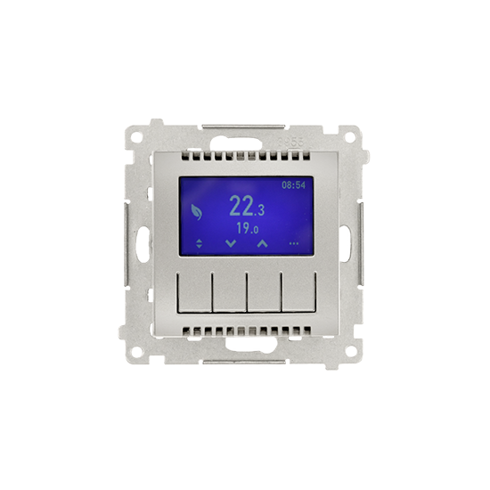 Simon 54 Regulator temperatury z wyświetlaczem (czujnik wewnętrzny lub sonda) srebrny mat, metalizowany DETD1A.01/43