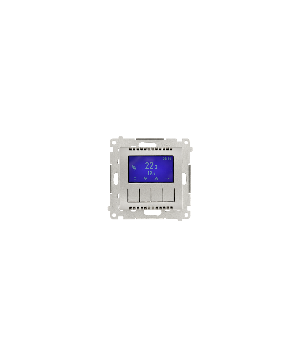 Simon 54 Regulator temperatury z wyświetlaczem (czujnik wewnętrzny lub sonda) srebrny mat, metalizowany DETD1A.01/43