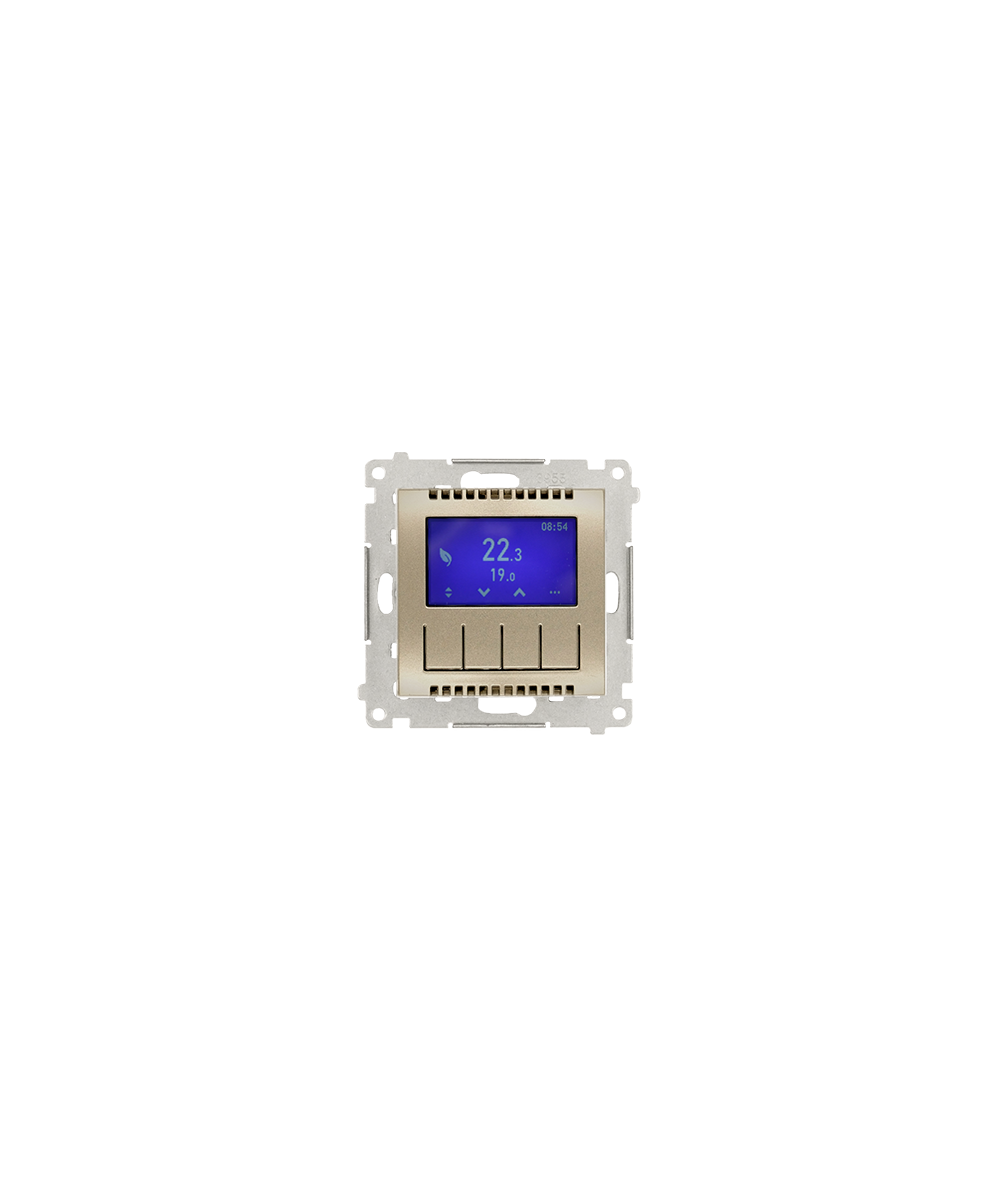 Simon 54 Regulator temperatury z wyświetlaczem (czujnik wewnętrzny lub sonda) złoty mat, metalizowany DETD1A.01/44
