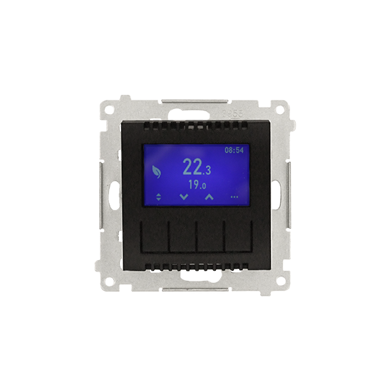 Simon 54 Regulator temperatury z wyświetlaczem (czujnik wewnętrzny lub sonda) czarny mat DETD1A.01/49